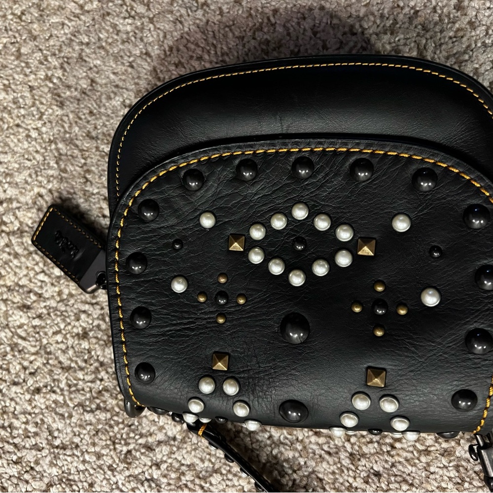Coach VINTAGE Black Leather Crossbody Bag with Studs and‎ Pearls - Picture 8 of 16